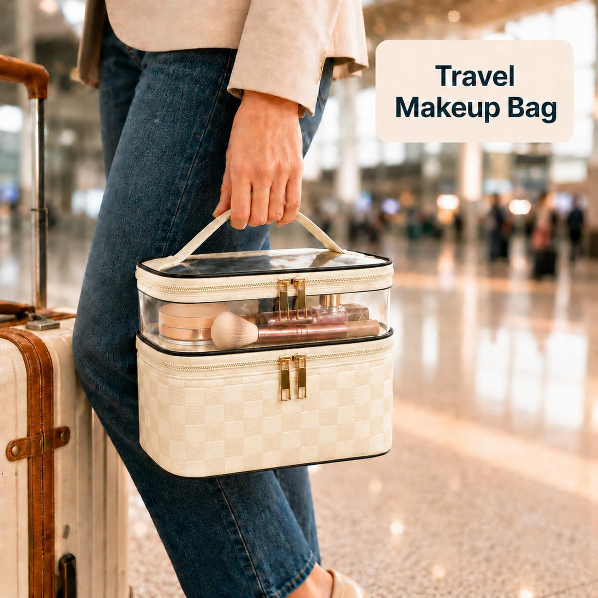Double Layer Makeup Bag for Women, Travel Cosmetic Organizer with Clear Top,Water-Resistant Toiletry Bag,Beige