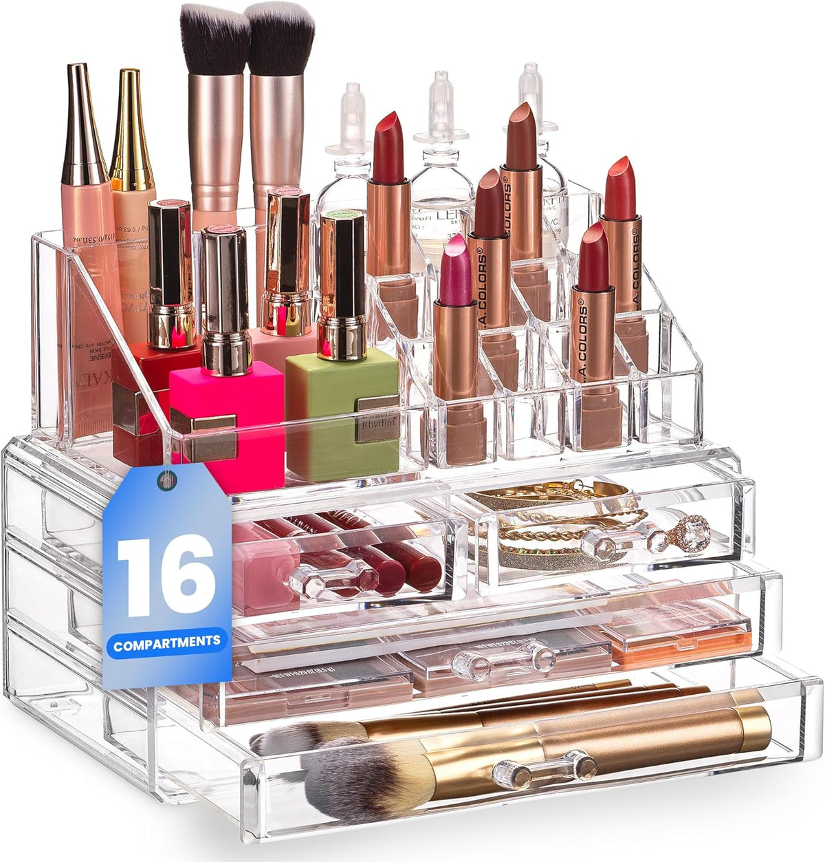 Clear Makeup Organizer with 4 Drawers 16 Compartments, Countertop
