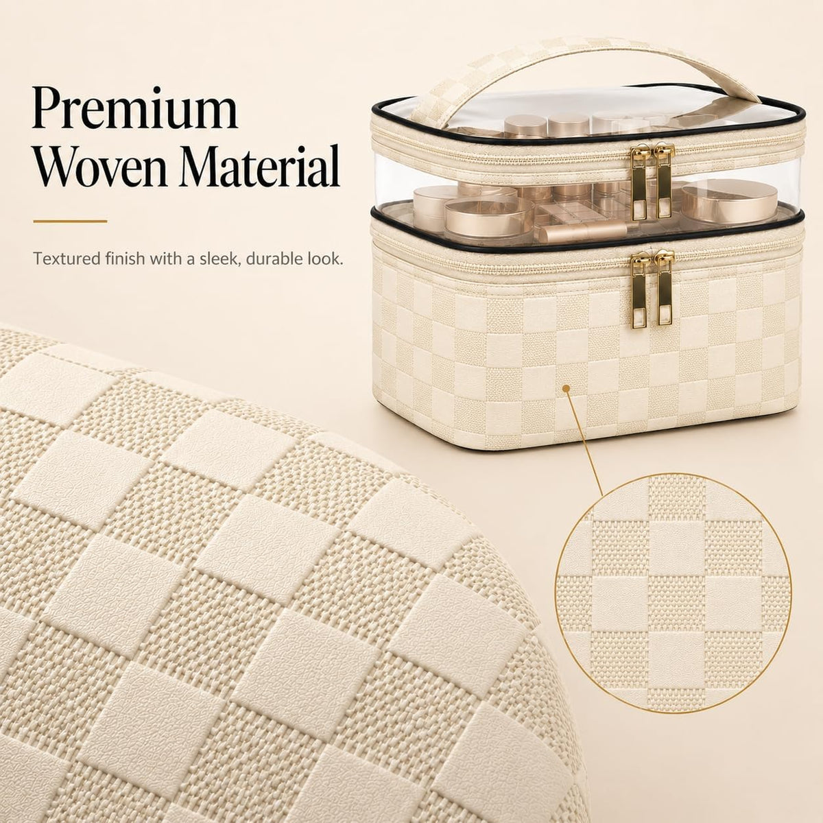 Double Layer Makeup Bag for Women, Travel Cosmetic Organizer with Clear Top,Water-Resistant Toiletry Bag,Beige