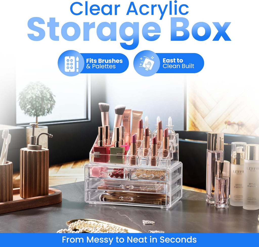 Clear Makeup Organizer with 4 Drawers 16 Compartments, Countertop