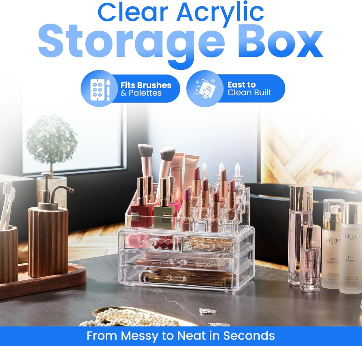 Clear Makeup Organizer with 4 Drawers 16 Compartments, Countertop