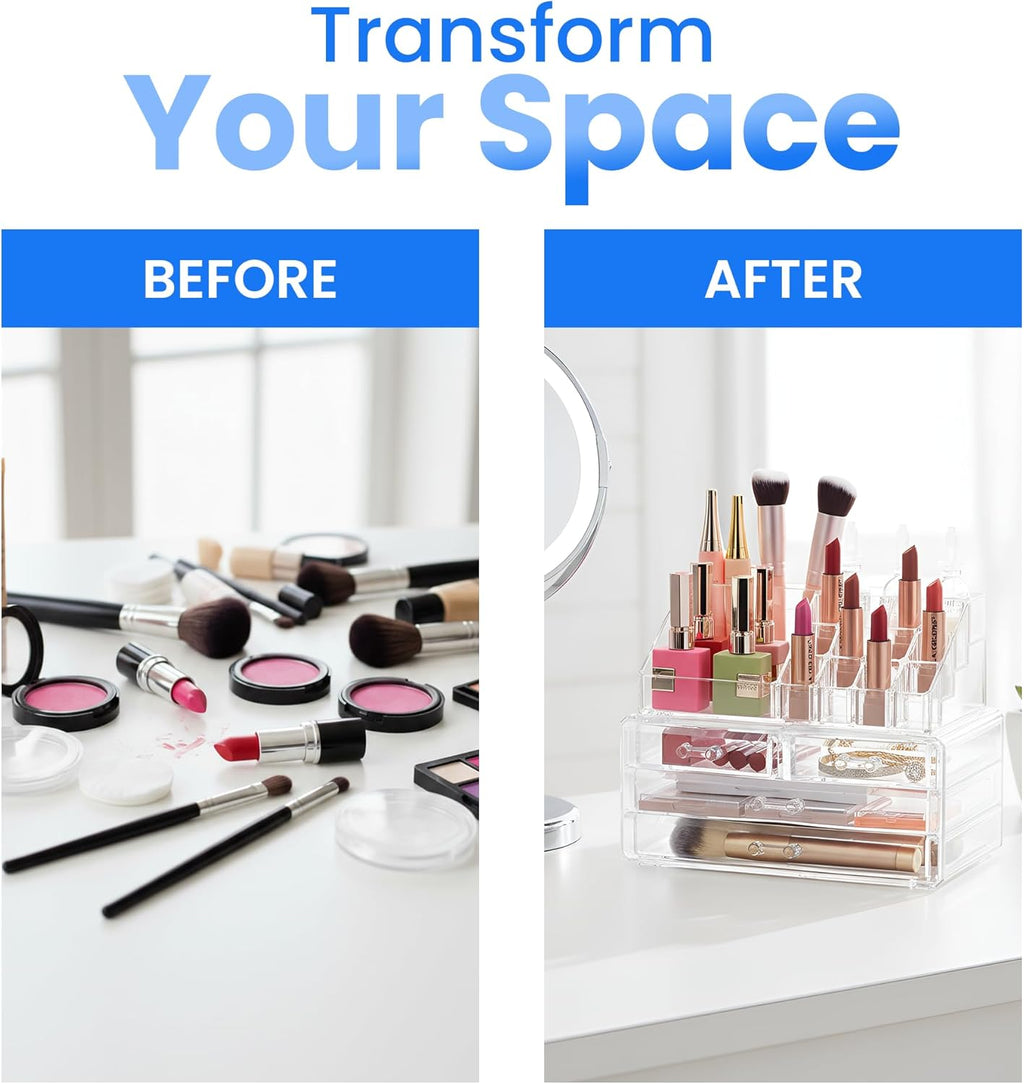 Clear Makeup Organizer with 4 Drawers 16 Compartments, Countertop