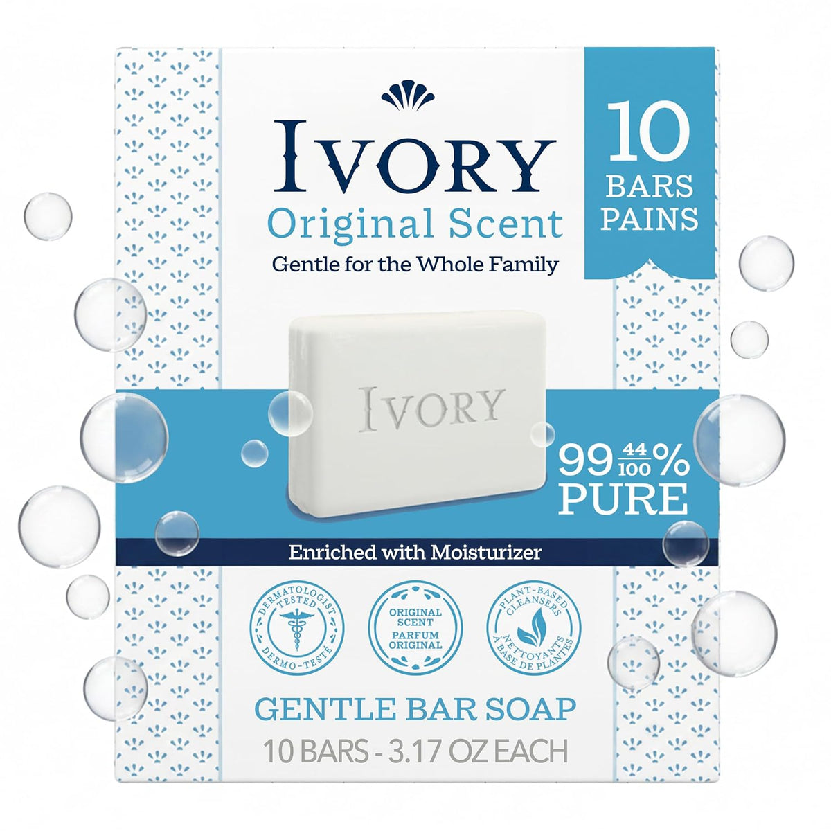 Gentle Bar Soap, Designed for Whole Family, 99.44% Pure Formula, Plant-Based Cleanser, Made without Heavy Perfumes, Parabens & Phthalates, for All Skin Types, Original Scent, 3.17 Oz (10 Count)
