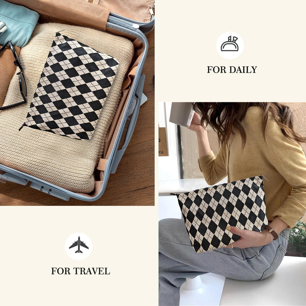 Checkered Makeup Bag Cosmetic Travel Bag, Toiletry Bag for Women