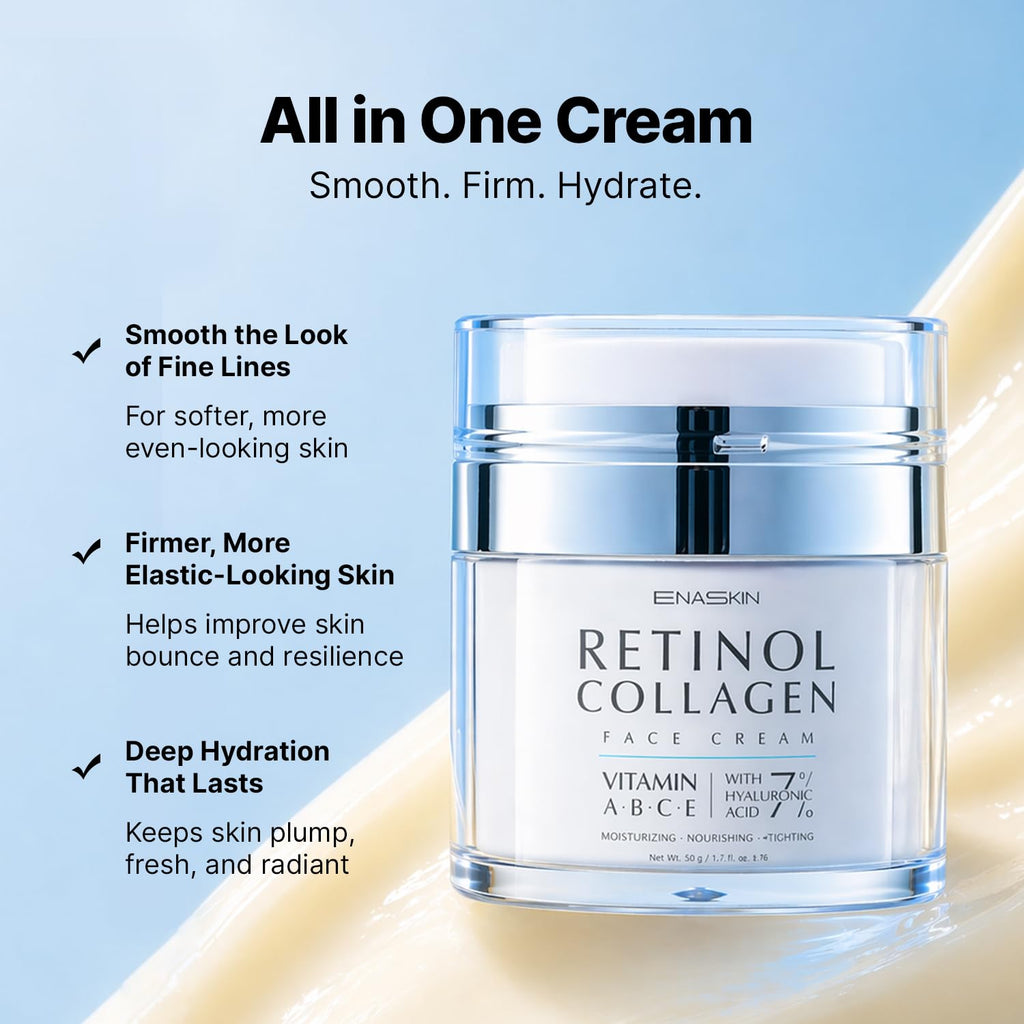 Retinol anti Aging Face Moisturizer: Wrinkle Cream for Women & Men, Collagen & 7% Hyaluronic Acid - Facial Tightening & Neck Firming Cream - Day & Night Skin Care, 1.7 Fl Oz
