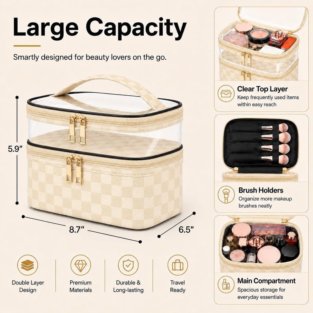Double Layer Makeup Bag for Women, Travel Cosmetic Organizer with Clear Top,Water-Resistant Toiletry Bag,Beige