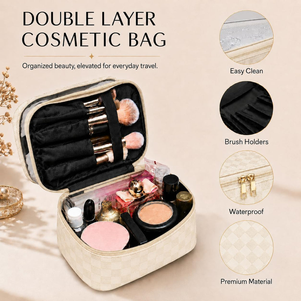 Double Layer Makeup Bag for Women, Travel Cosmetic Organizer with Clear Top,Water-Resistant Toiletry Bag,Beige
