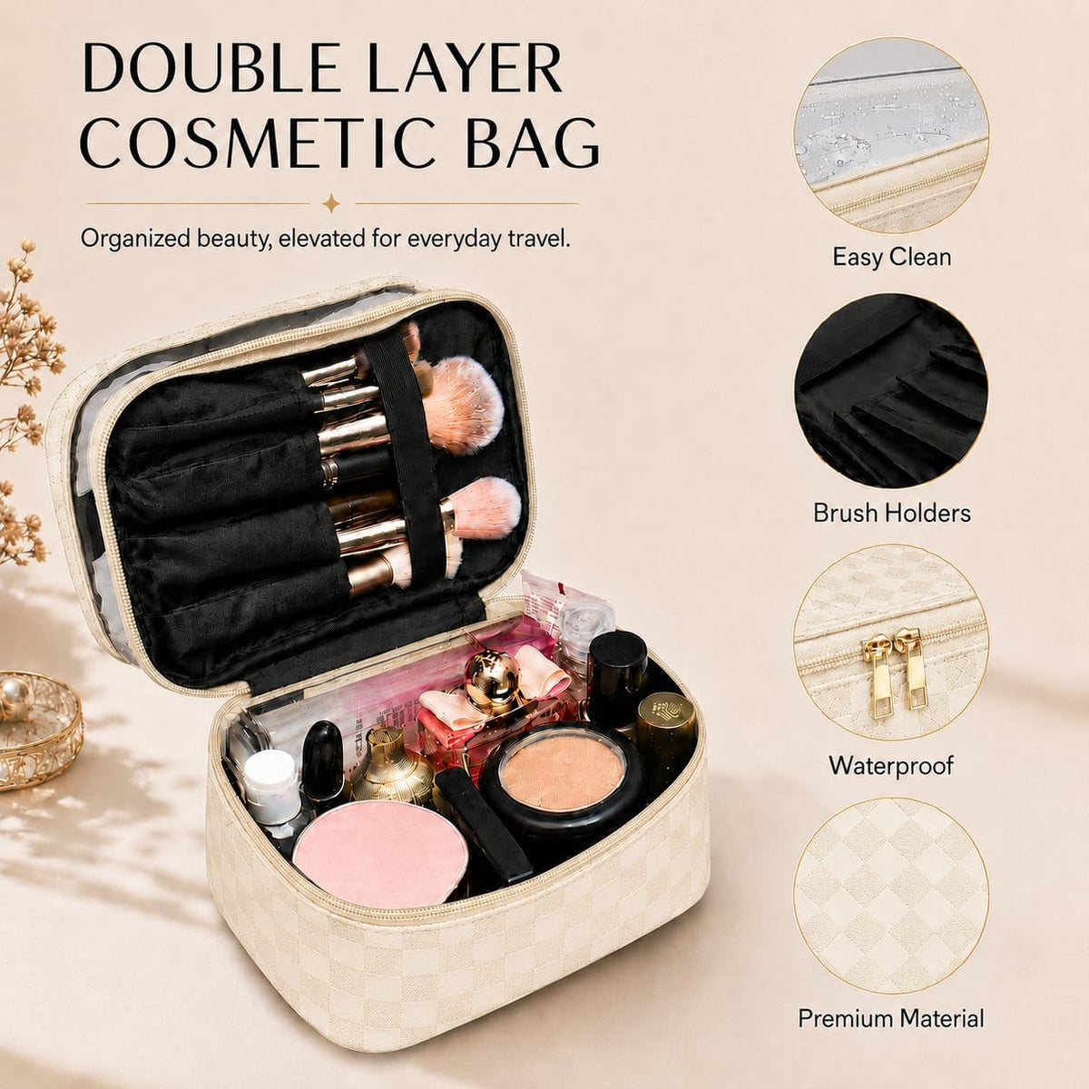 Double Layer Makeup Bag for Women, Travel Cosmetic Organizer with Clear Top,Water-Resistant Toiletry Bag,Beige