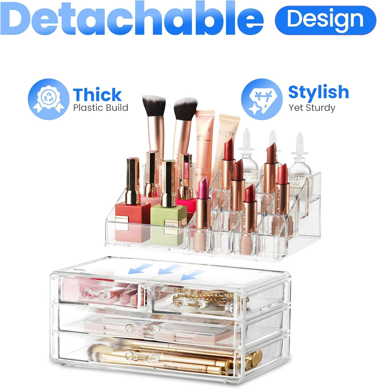 Clear Makeup Organizer with 4 Drawers 16 Compartments, Countertop
