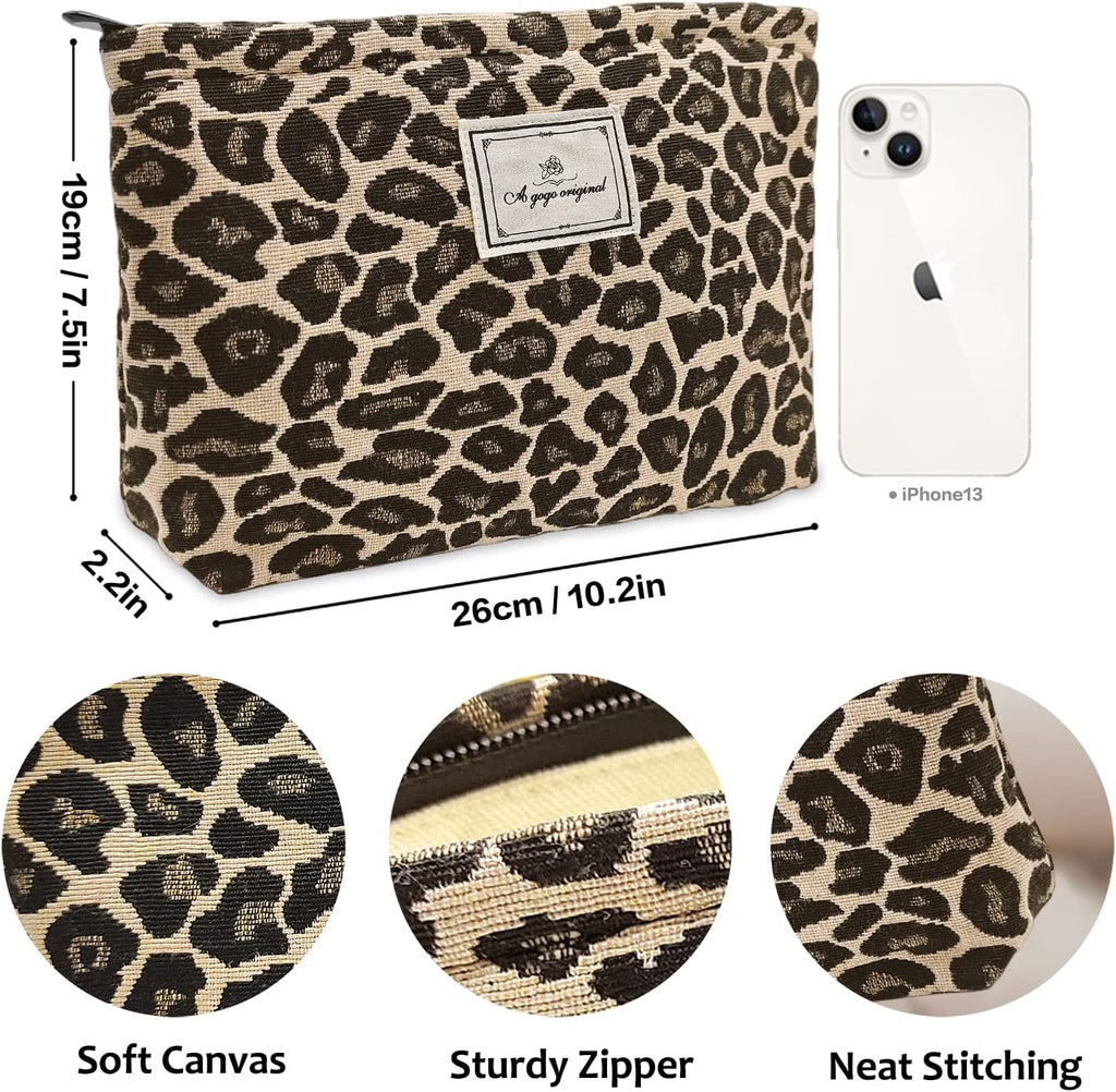 Leopard Makeup Bag Organizer Cosmetic Bags for Women and Girls,Travel Toiletry Bag Large Capacity Canvas Makeup Zipper Pouch, Purse Organizer Pouches (Brown Leopard)