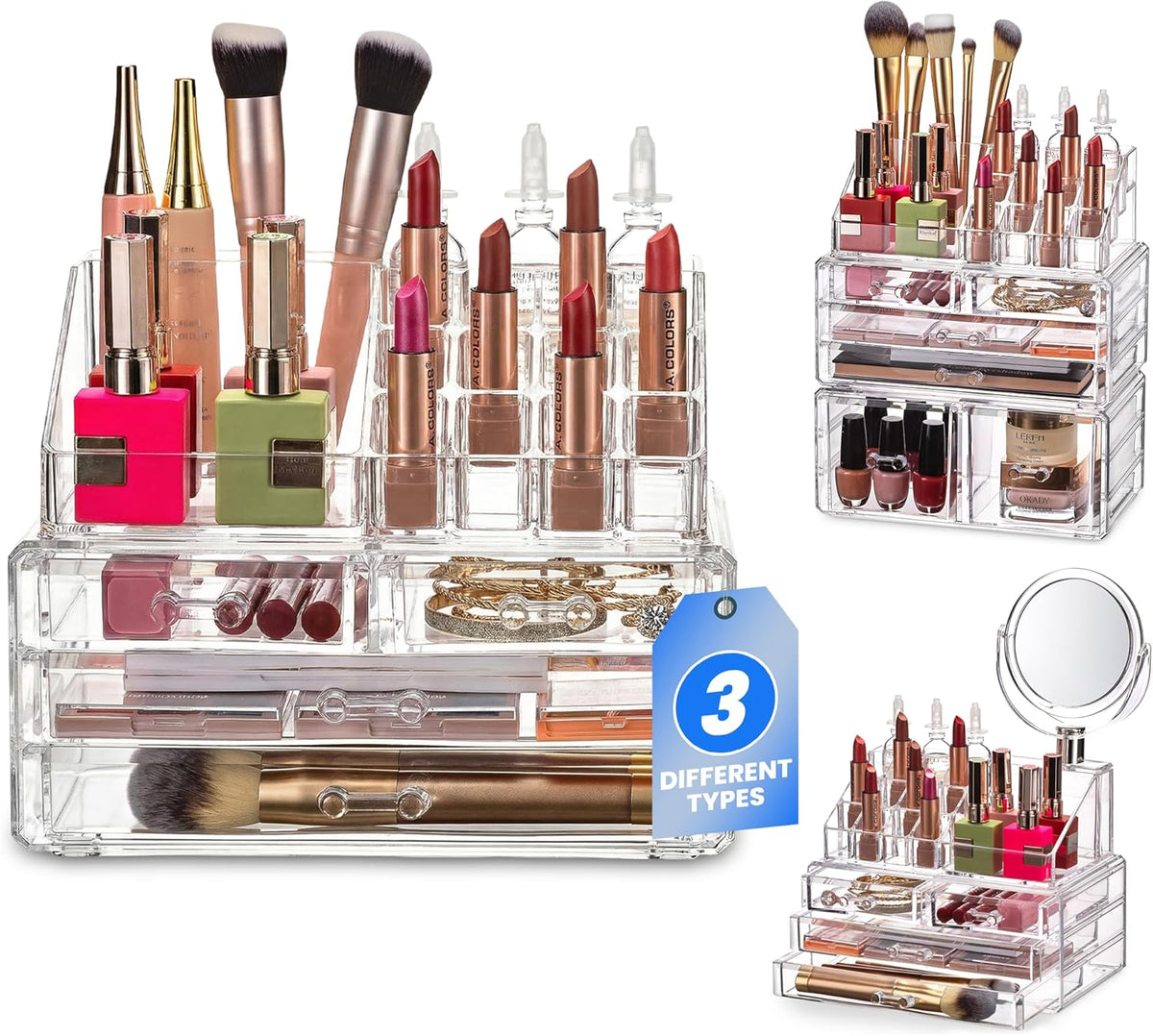 Clear Makeup Organizer with 4 Drawers 16 Compartments, Countertop