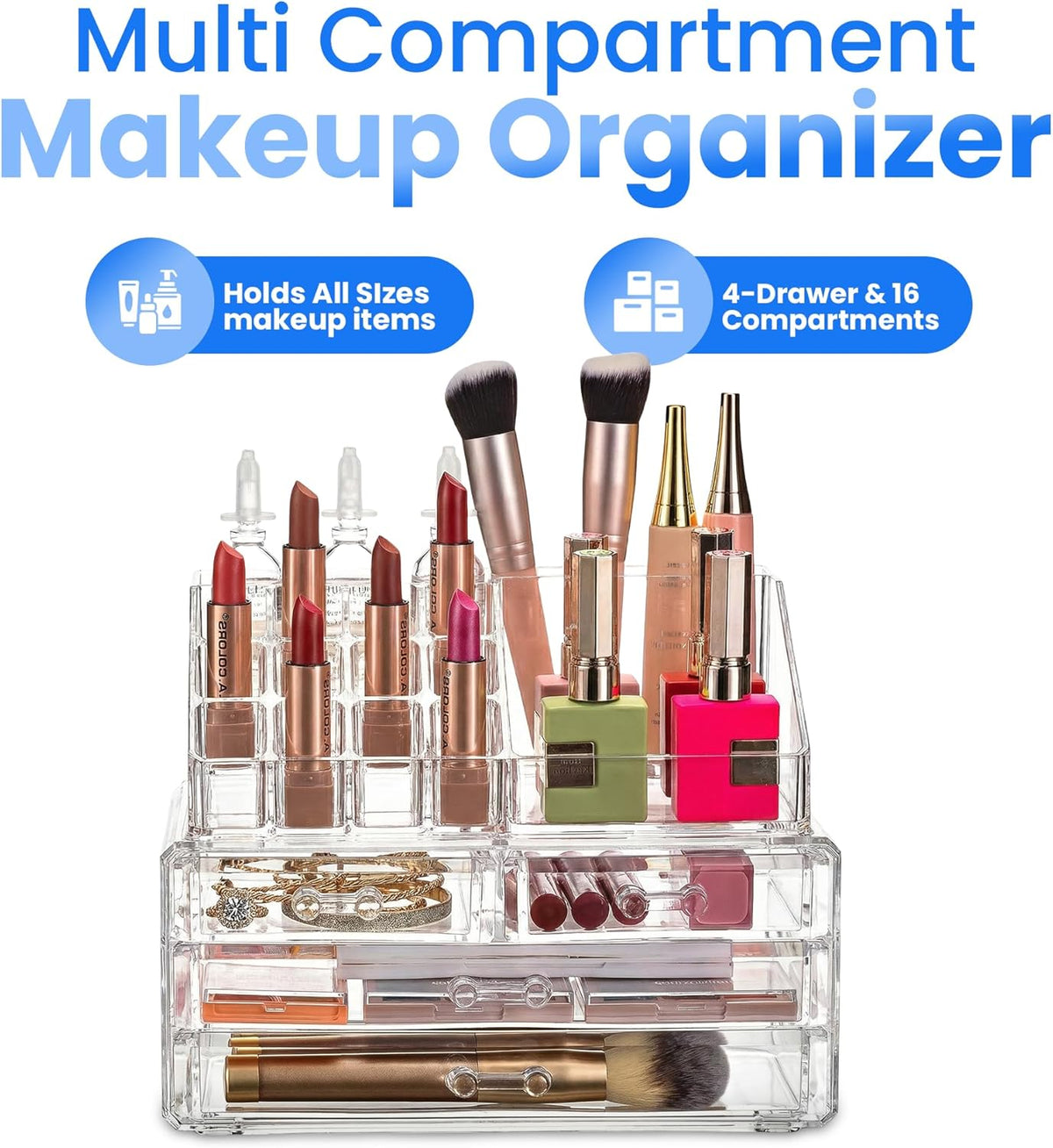 Clear Makeup Organizer with 4 Drawers 16 Compartments, Countertop