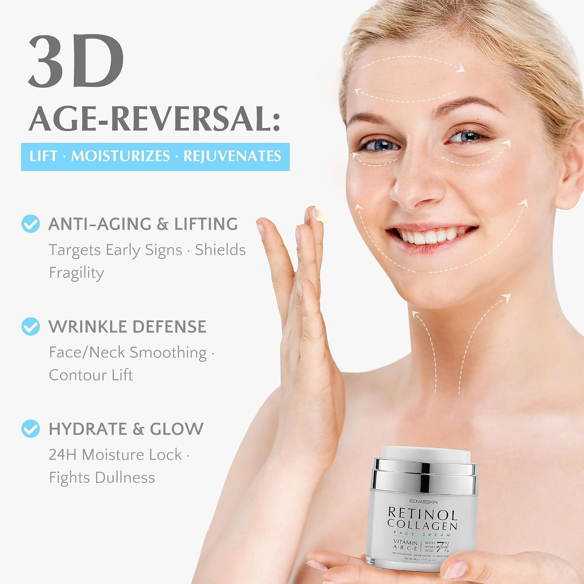 Retinol Collagen Face Cream: Wrinkle Cream for Women, Neck & Décolleté anti Aging Moisturizer with 7% Hyaluronic Acid Serum - Day/Night Skin Firming & Tightening, 1.7 Oz