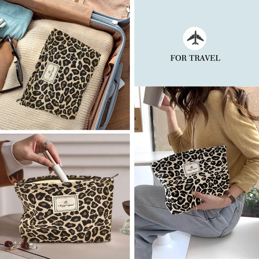 Leopard Makeup Bag Organizer Cosmetic Bags for Women and Girls,Travel Toiletry Bag Large Capacity Canvas Makeup Zipper Pouch, Purse Organizer Pouches (Brown Leopard)