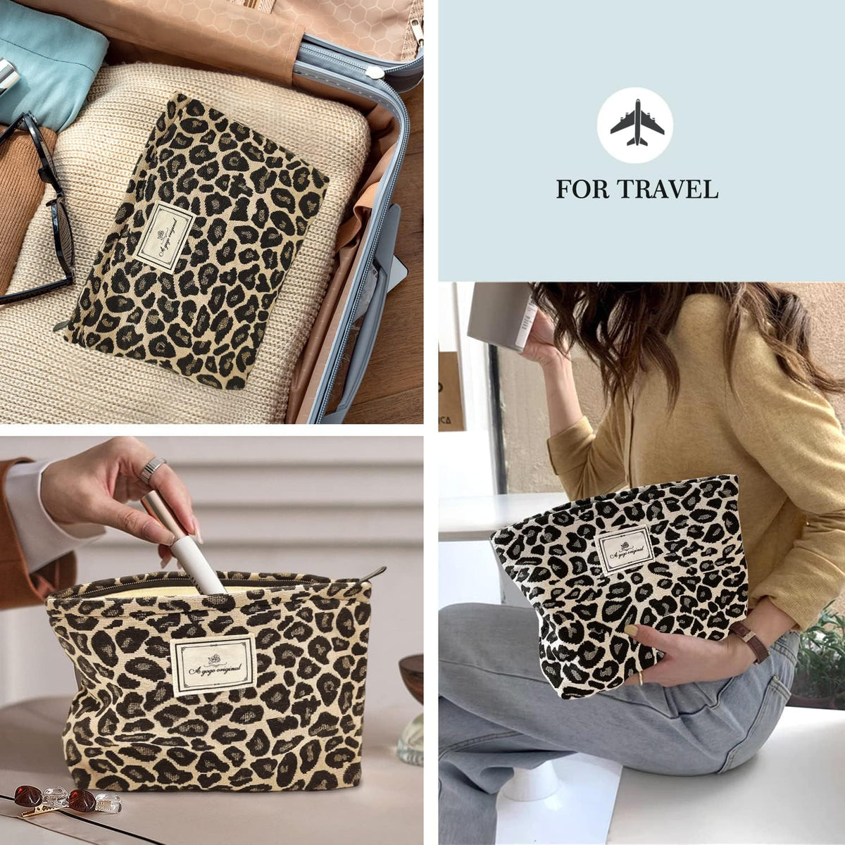 Leopard Makeup Bag Organizer Cosmetic Bags for Women and Girls,Travel Toiletry Bag Large Capacity Canvas Makeup Zipper Pouch, Purse Organizer Pouches (Brown Leopard)