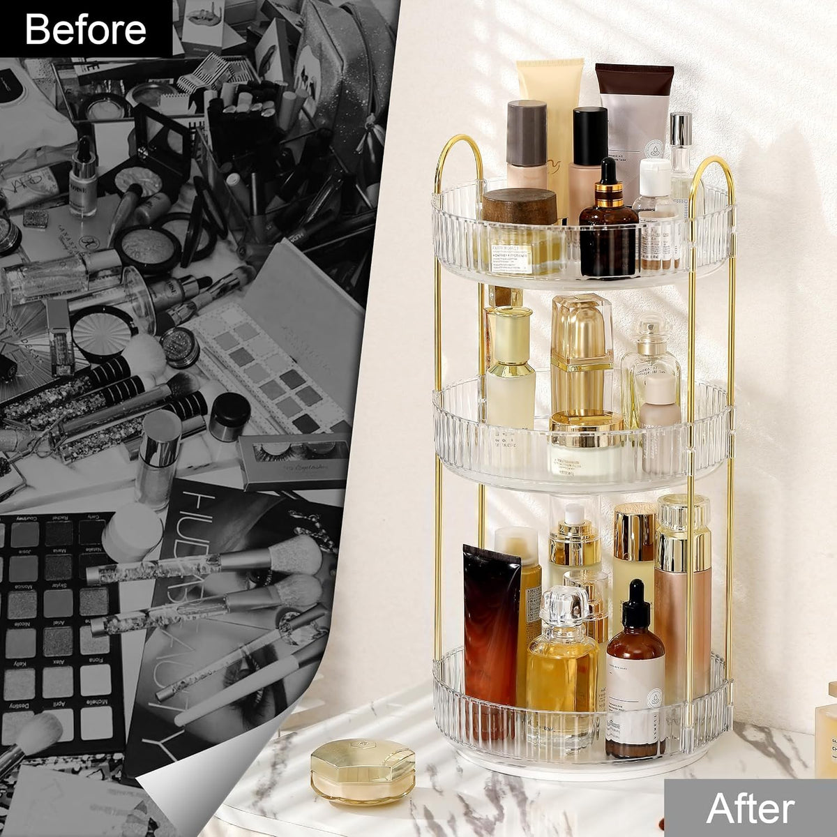 360 Rotating Makeup Organizer for Vanity, Bathroom Countertop Spinning Perfume Organizer, High-Capacity Cosmetic and Skincare Dresser Make up Holder Rack (3 Tiers, White)
