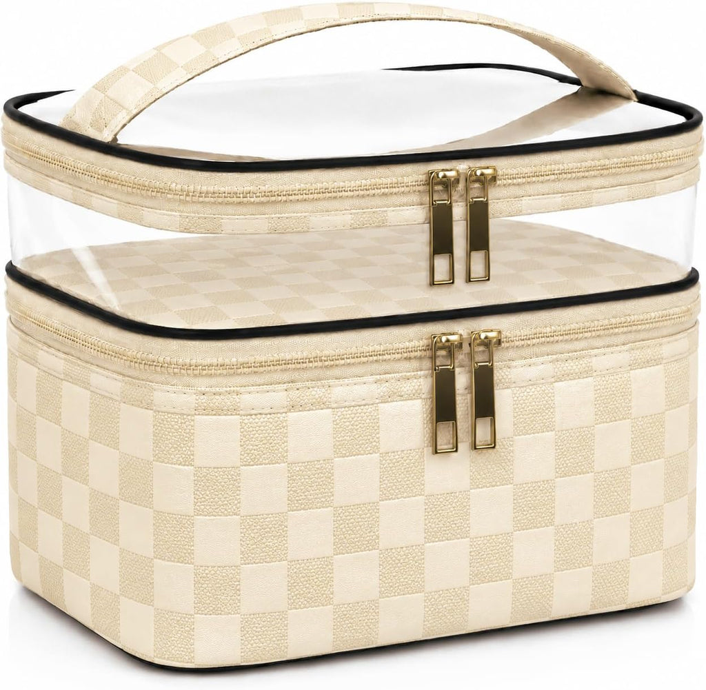 Double Layer Makeup Bag for Women, Travel Cosmetic Organizer with Clear Top,Water-Resistant Toiletry Bag,Beige