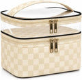 Double Layer Makeup Bag for Women, Travel Cosmetic Organizer with Clear Top,Water-Resistant Toiletry Bag,Beige