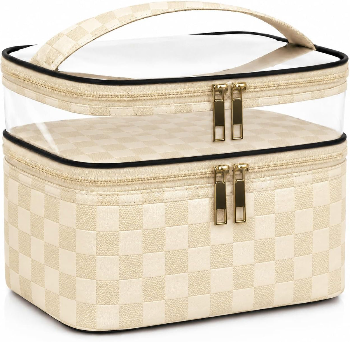 Double Layer Makeup Bag for Women, Travel Cosmetic Organizer with Clear Top,Water-Resistant Toiletry Bag,Beige